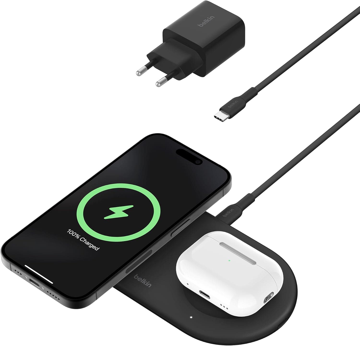 Belkin BoostCharge Pro Carregador sem fios 2 em 1 com tecnologia magnética Qi2 de 15 W, estação de carregamento rápido sem fios para iPhone 16, 15, AirPods, outros dispositivos com MagSafe, preto