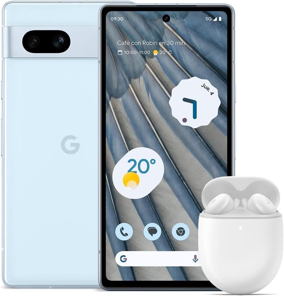Google Pixel 7a - Telemóvel 5G Android livre com lente grande angular e bateria de 24 horas de duração - azul claro Pixel Buds A-Series - auriculares sem fios - branco