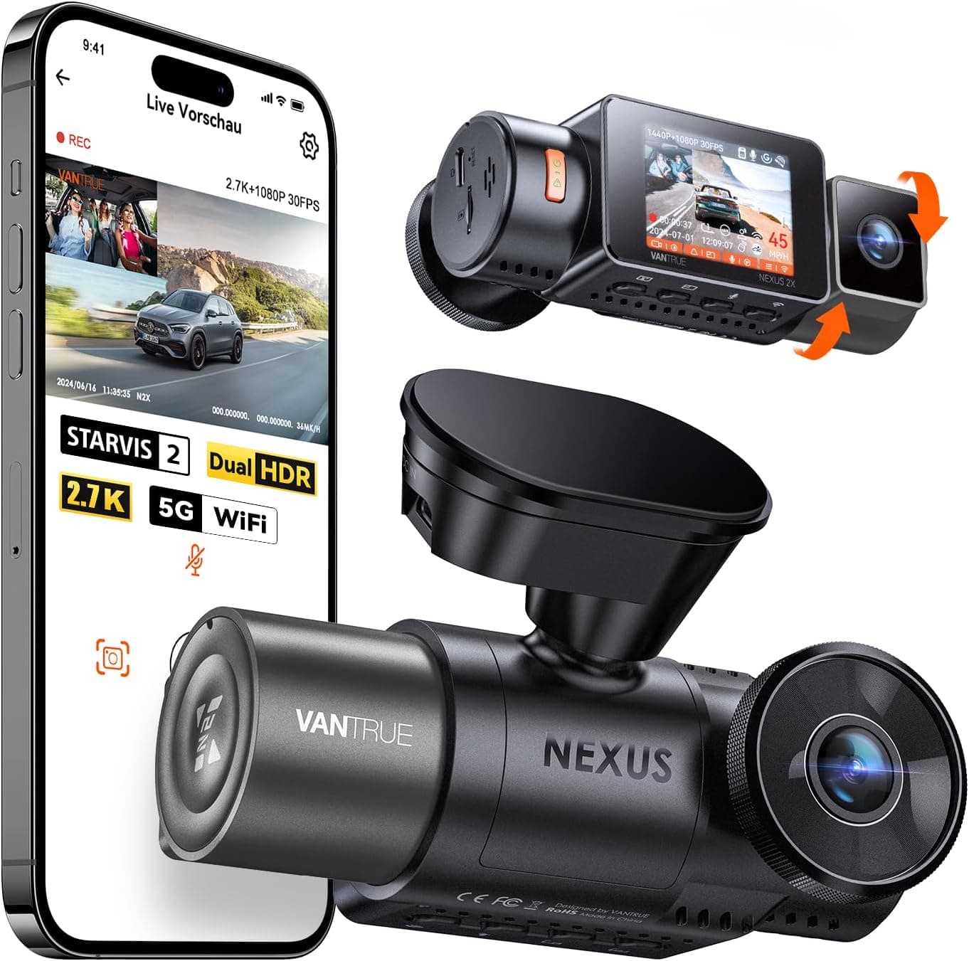 VANTRUE N2X | Câmara de carro dupla 2.7K+1080P com visão noturna, GPS, Wi-Fi 5GHz e controlo por voz