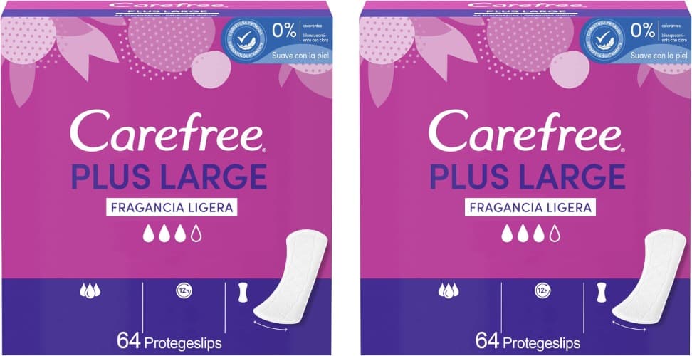 Carefree | Protegeslips descartáveis com controlo de odores e absorção até 8 horas, 64 unidades x 2
