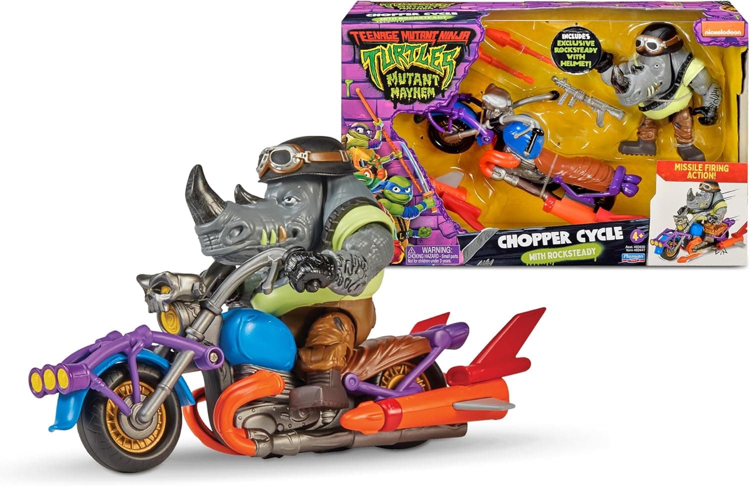 TORTUGAS NINJA – Rockstedy Chopper Cycle, veículo e figura de Rockstedy, Moto dispara mísseis, acessórios e personagens do filme tartarugas caos mutante, 4 anos, famosa (TU803400)