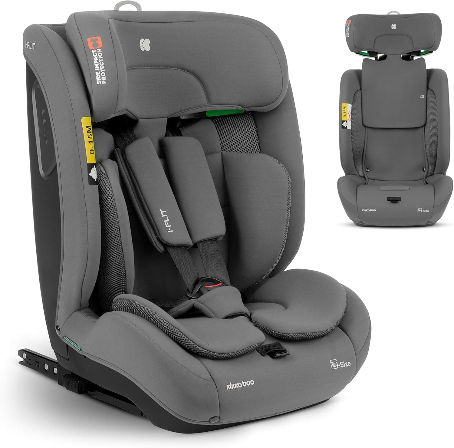 KikkaBoo Cadeira de carro i-Size i-FLIT, 76-150 cm, cadeira de carro grupo 1 2 3 ISOFIX, de 15 meses a 12 anos, de 9 a 36 kg, Top Tether, Side Protect Sistema SPS, 12 posições repousões. Acabamentos
