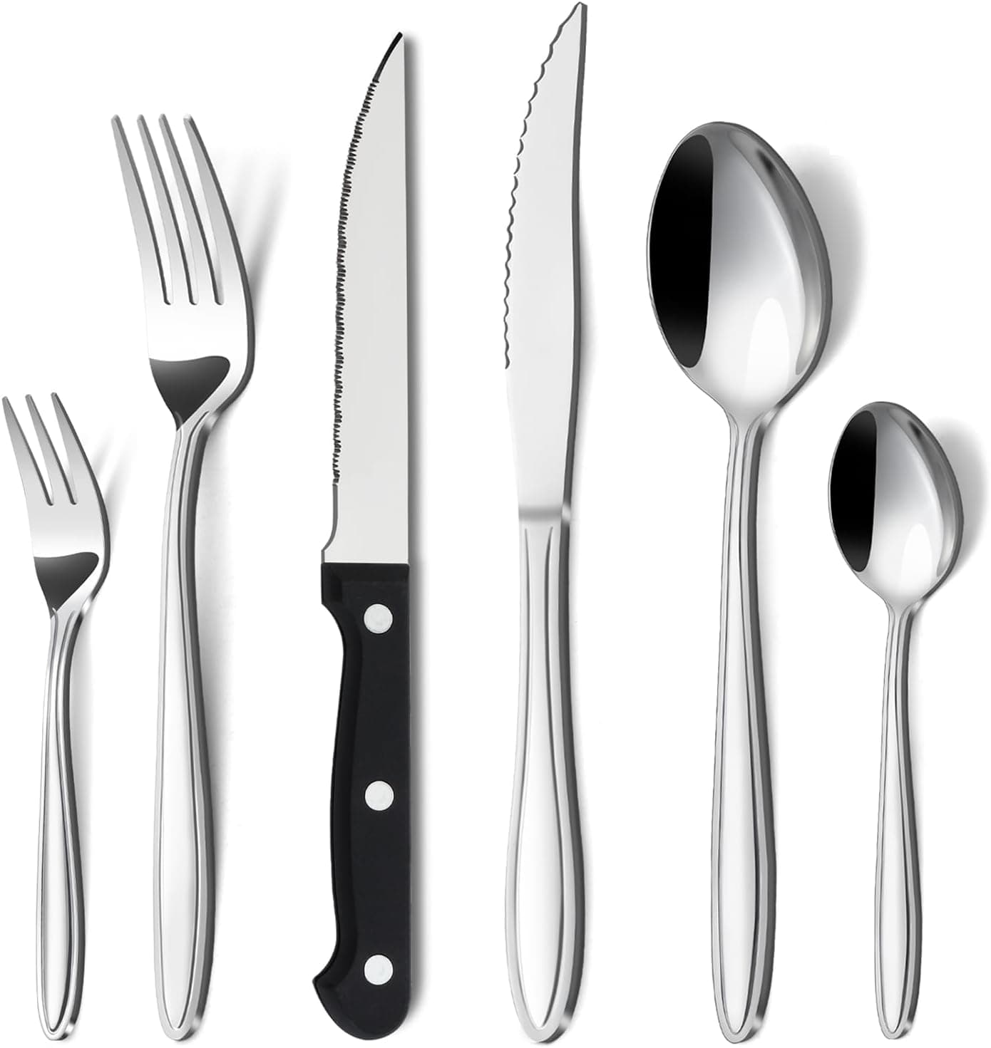 Hunnycook Conjunto de talheres de 36 peças com faca de carne, aço inoxidável premium, conjunto de talheres para 6 pessoas, elegante conjunto de talheres com faca e garfo