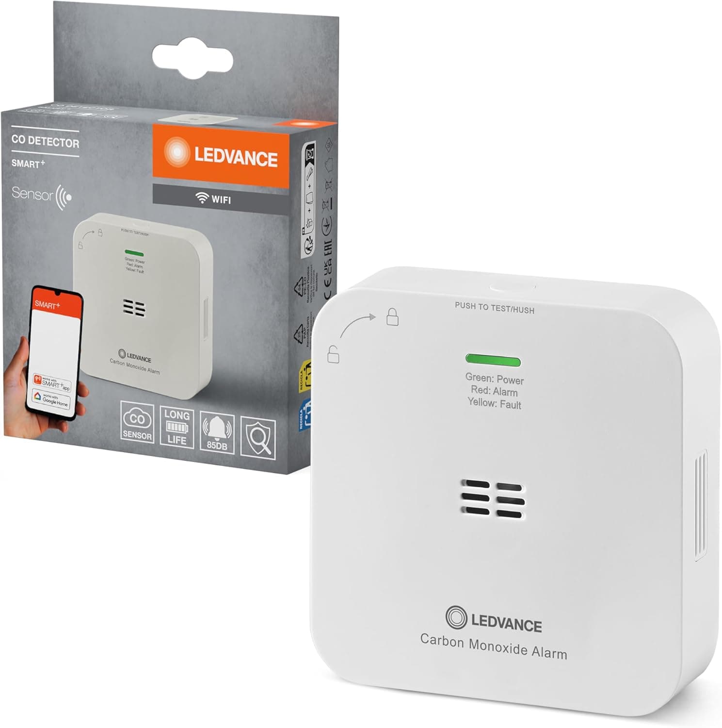 LEDVANCE Smart Detector de monóxido de carbono com tecnologia WiFi, certificado de acordo com a norma EN 50291, branco, plástico