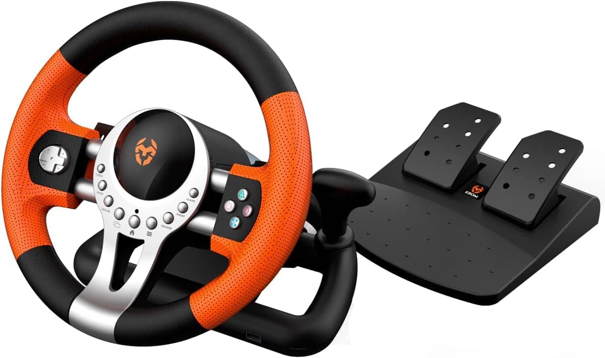 KROM K-Driver Jogo de volante e pedais multiplataforma, alavanca de mudanças e velas no volante, efeito vibração, compatível PC, Ps3, Ps4 e Xbox, preto/laranja