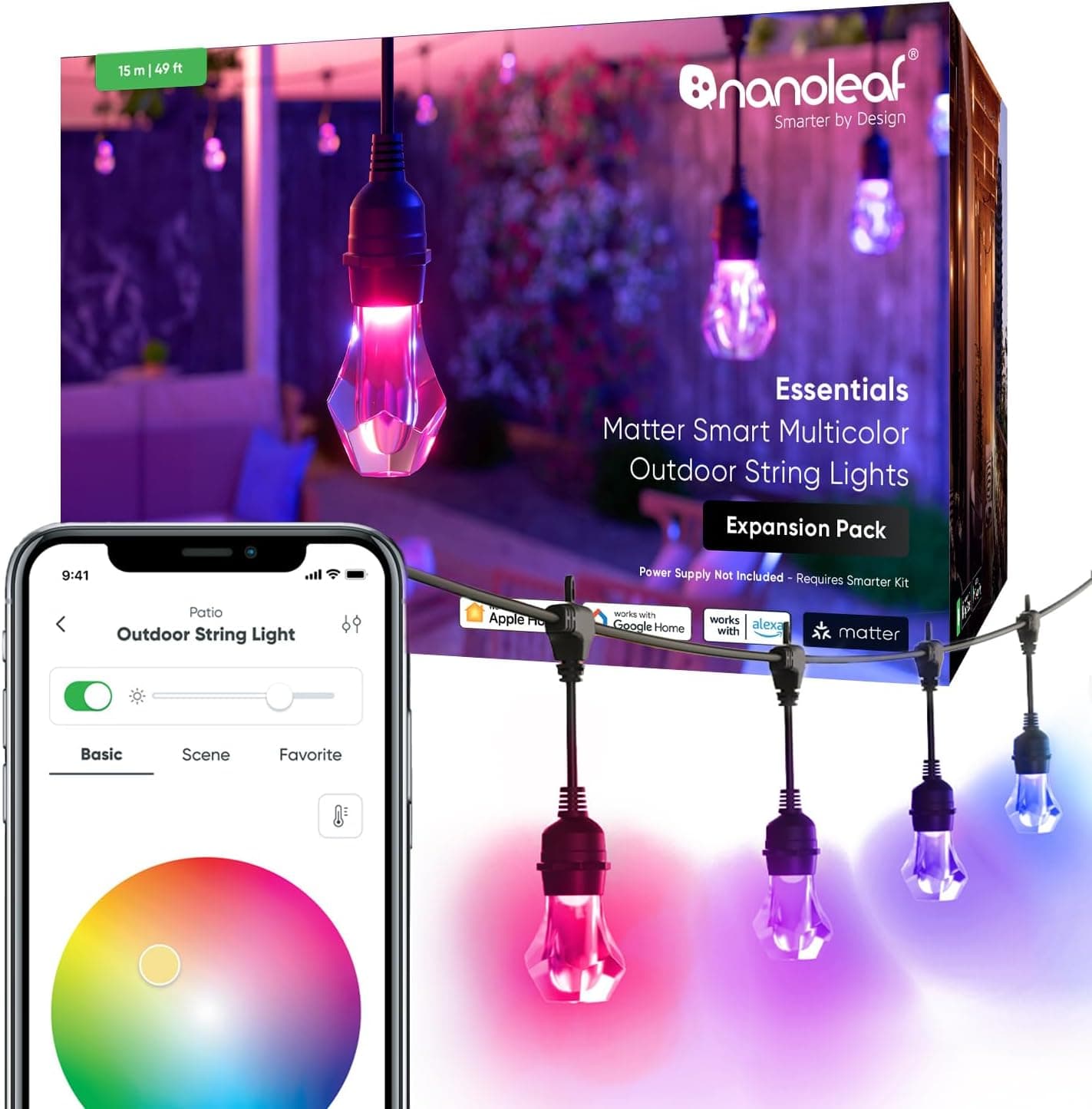 Nanoleaf Matter Essentials, grinalda de luzes exteriores extensão pack de 15 m LED RGBICW, luzes LED de 16 m, cores, IP65 impermeável, 20 lâmpadas inteligentes LED, WiFi Bluetooth Matter, para jardim