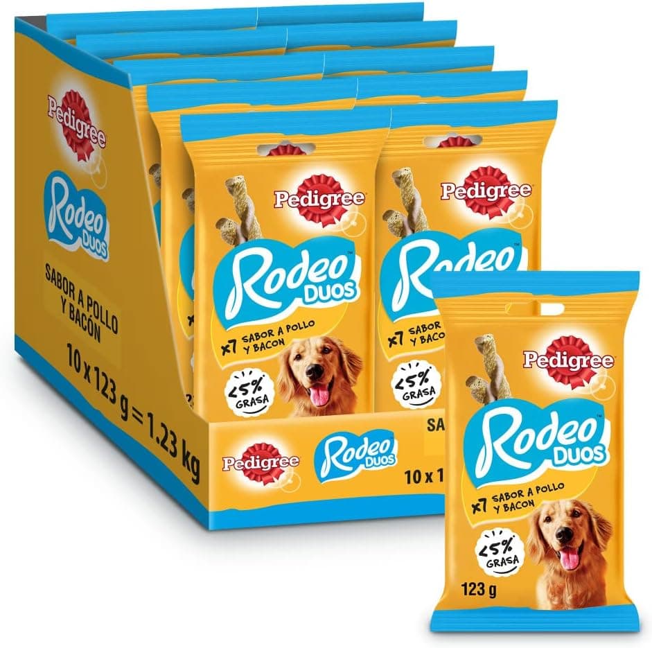 Pedigree Rodeo Duos Snack em tiras para cães sabor frango e bacon (pack de 10 x 123 g)