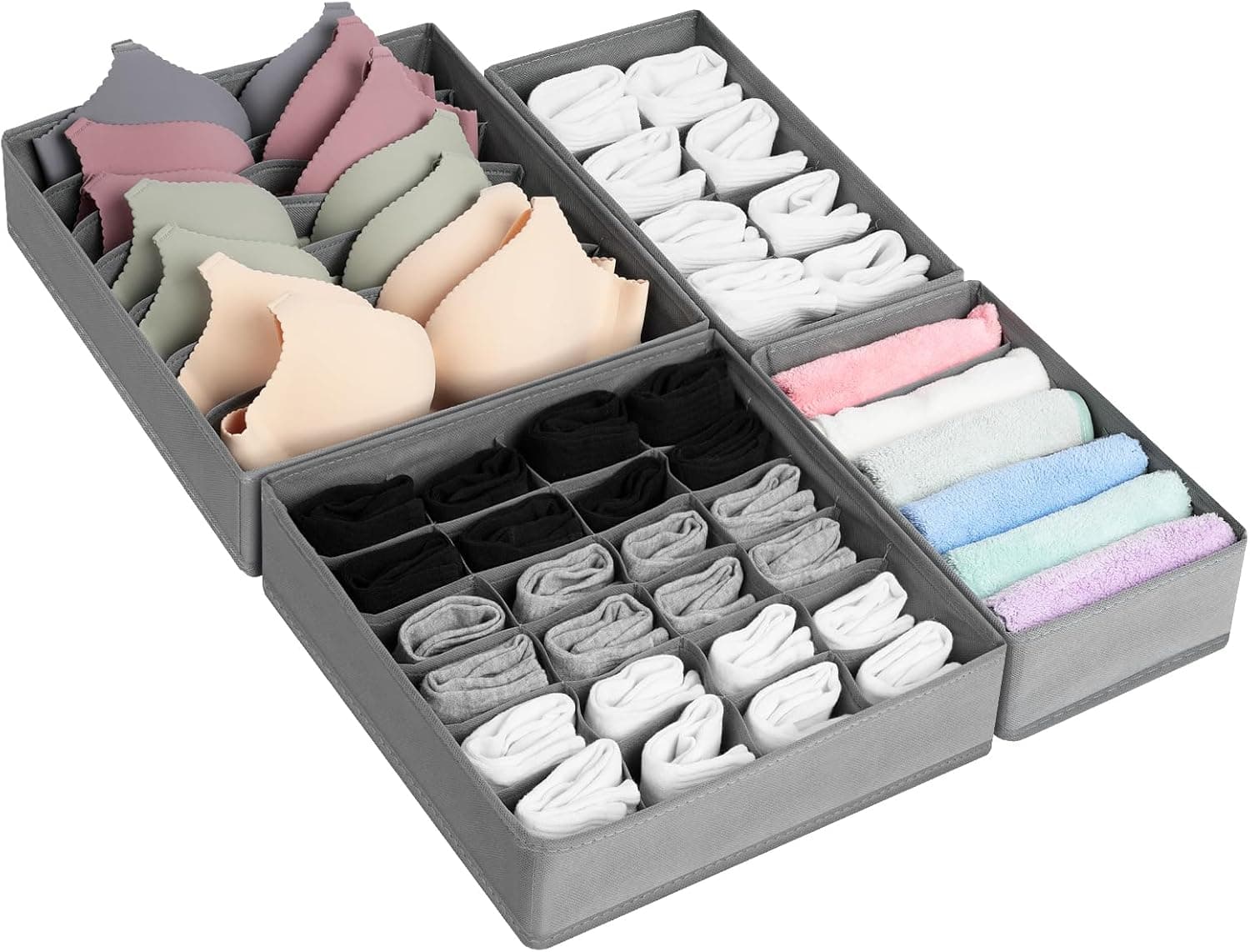 AiQInu Organizador de sutiãs de gavetas, organizador de 4 peças roupa interior dobrável com fecho de correr, organizador armário roupa com compartimento para sutiã, meias, gravatas