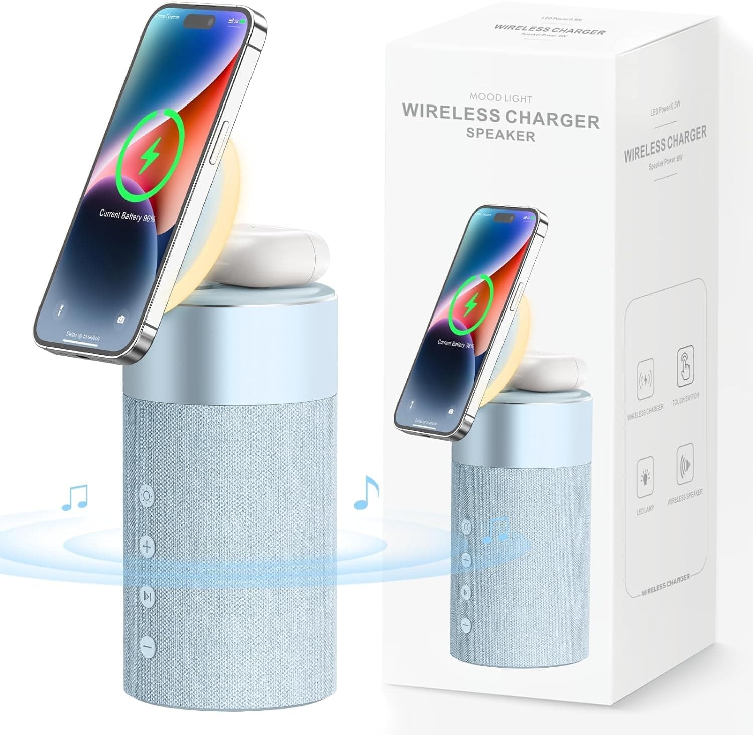 COLSUR Altifalante Bluetooth, carregador sem fio, altifalantes Bluetooth com luz noturna, estação de carregamento sem fios 2 em 1 para séries 16/15/14/13