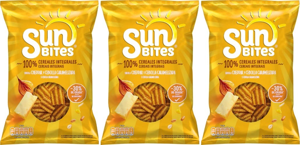 Sunbites, Snack ondulados multicereais com sabor A Cheddar e cebola caramelada, 95 g
