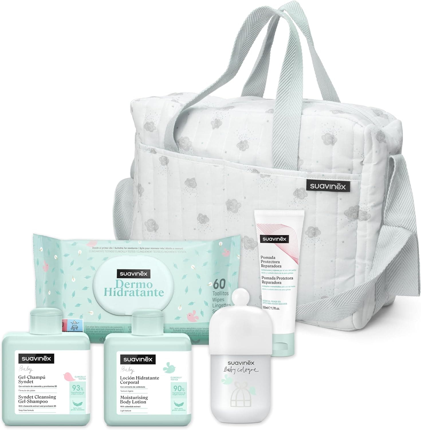 Suavinex, Saco de carrinho de bebé com cosméticos: Gel champô Syndet 300 ml loção hidratante 300 ml fralda de alimentação 50 ml Baby Cologne 100 ml toalhetes 60 unidades