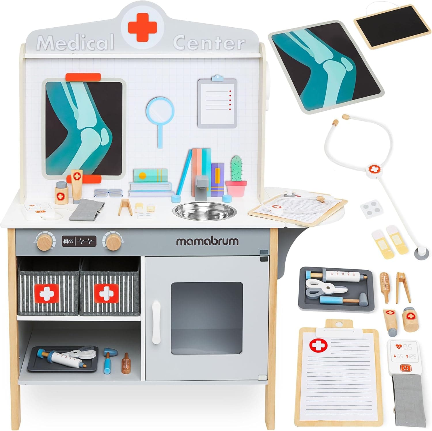 Mamabrum Maletín Médico XXL | Conjunto de hospital em madeira com 20 acessórios para crianças