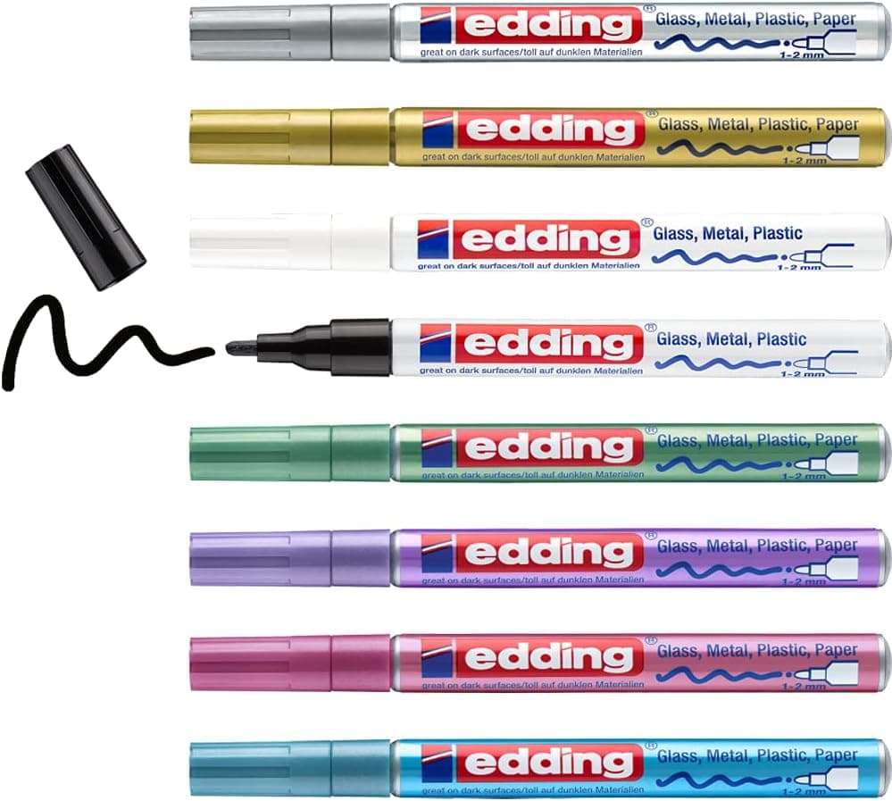 edding 751 Marcador de tinta opaca brilhante, multicolorido, metálico, 8 marcadores - ponta redonda de 1-2 mm, para vidro, pedras, madeira, plástico, papel - cor permanente