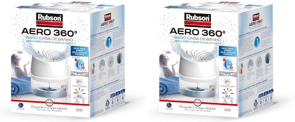 Rubson AERO 360º Casa de banho, desumidificador portátil sem cabo para casa de banho, absorve humidade para circulação do ar, dissipador de condensação anti-humidade, dispositivo e tablet (450 g)