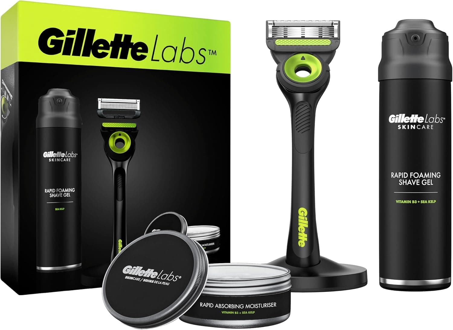 Gillette Labs Pack presente com máquina de barbear preta e néon gel de barbear 198 ml creme hidratante 100 ml