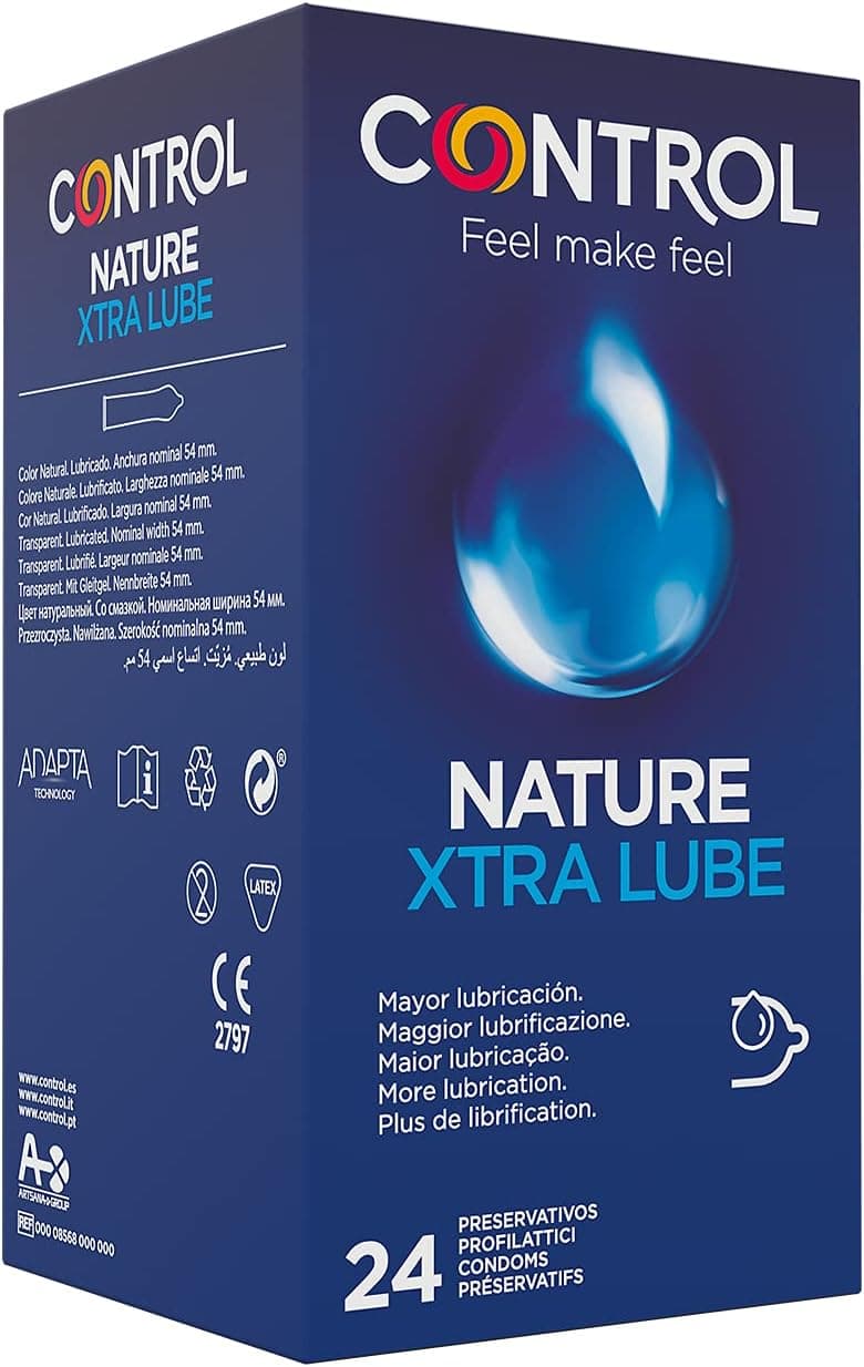 Control Preservativos Nature Xtra Lube. Caixa pack poupança 24 preservativos, maior lubrificação, gama de prazer natural, sexo seguro. Ajuste perfeito para um relacionamento seguro.