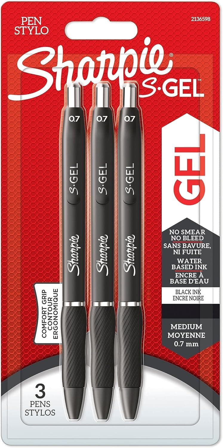 SHARPIE S-Gel Canetas de gel, ponta média (0,7 mm), tinta preta, 3 unidades