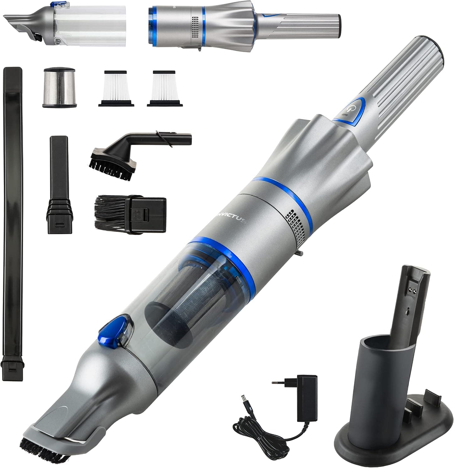 Genius Invictus One 2.0 - Aspirador de mão e chão (12 peças, sem bolsa e sem fios, 13000 PA, 2 filtros HEPA, bateria de iões de lítio, conjunto de escovas adicionais), cor azul