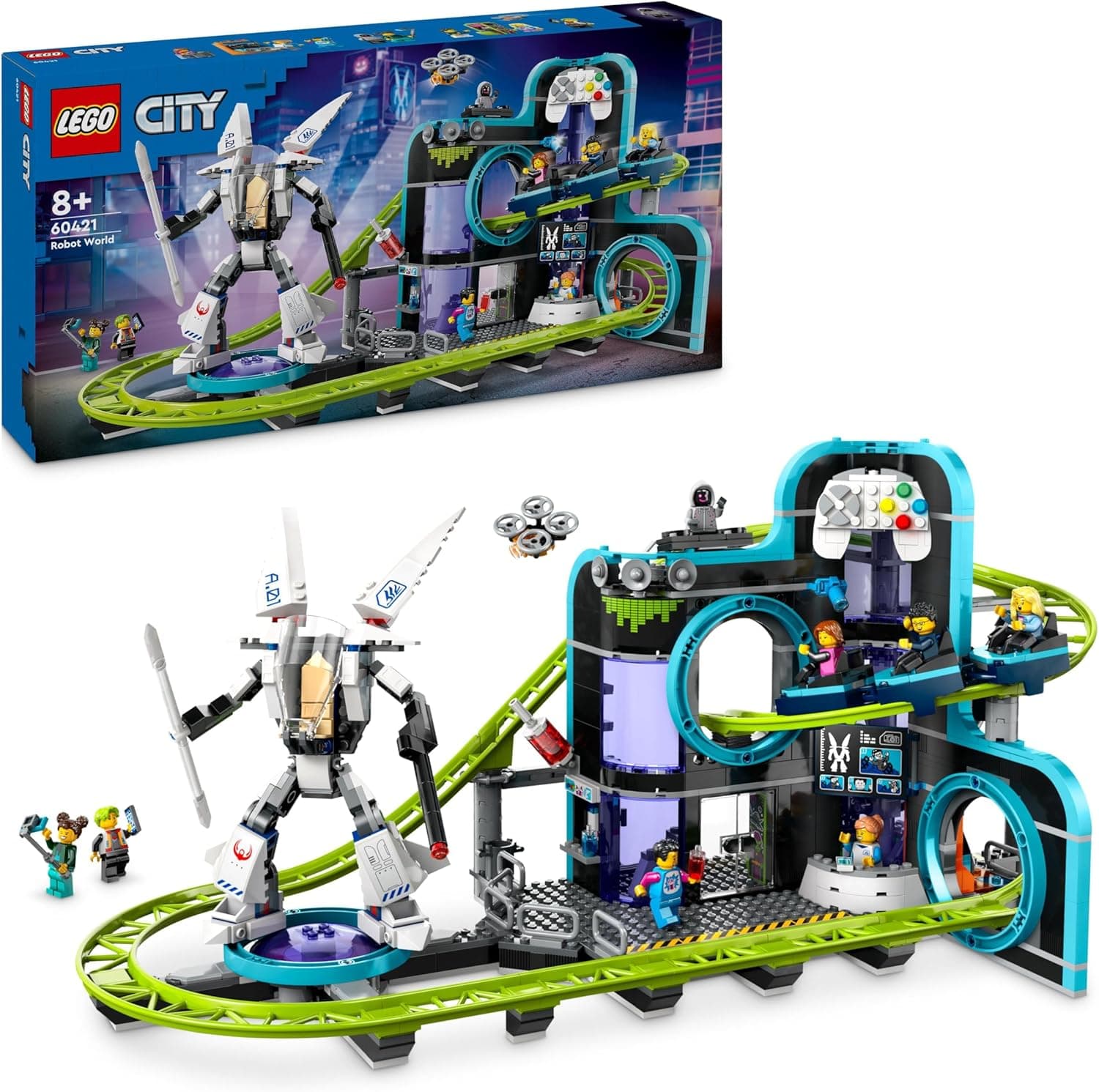 LEGO City Montanha russa de Robot World de brinquedo para parque de diversões com 8 minifiguras, presente para meninos e meninas de 8 anos ou mais, jogo criativo de aventura 60421