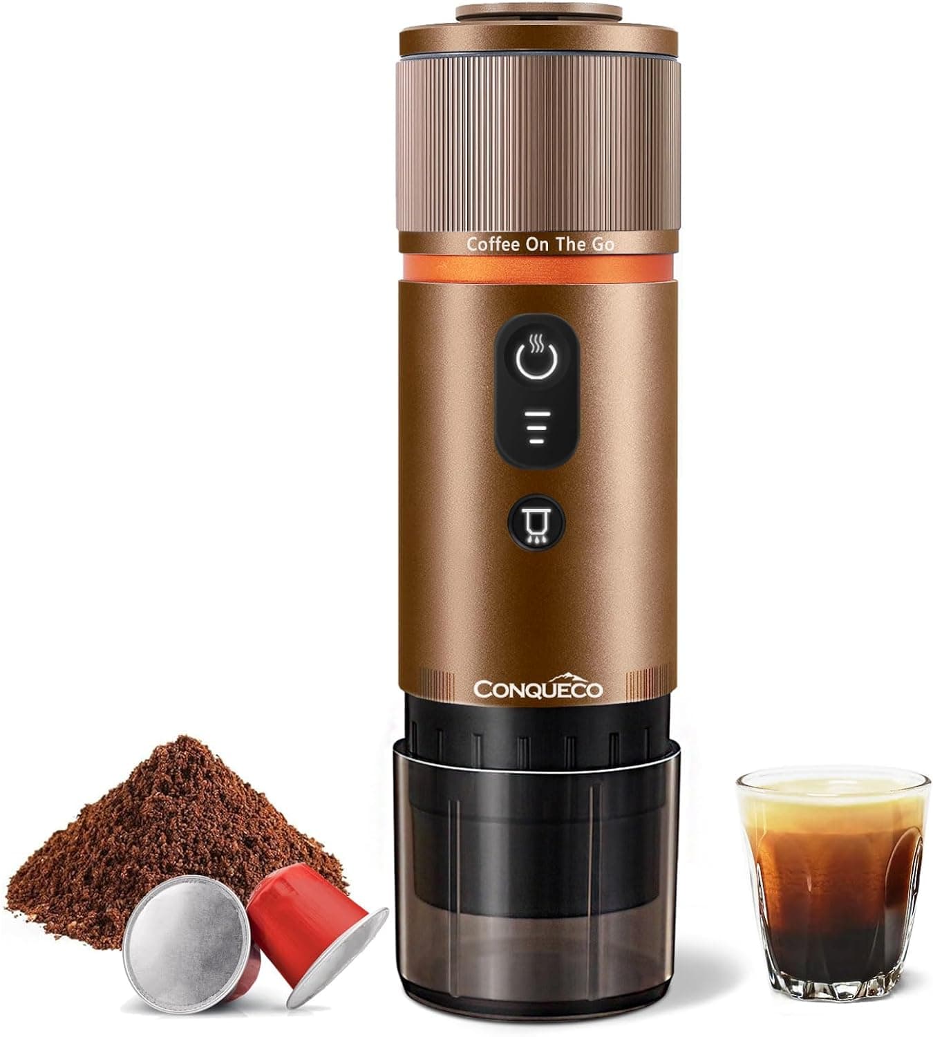 CONQUECO Cafeteira portátil com cápsula de expresso, 12 V máquina de café elétrica com bateria - para carro camião e viagens - compatível com cápsulas originais nespresso e cápsula L'or (castanho)