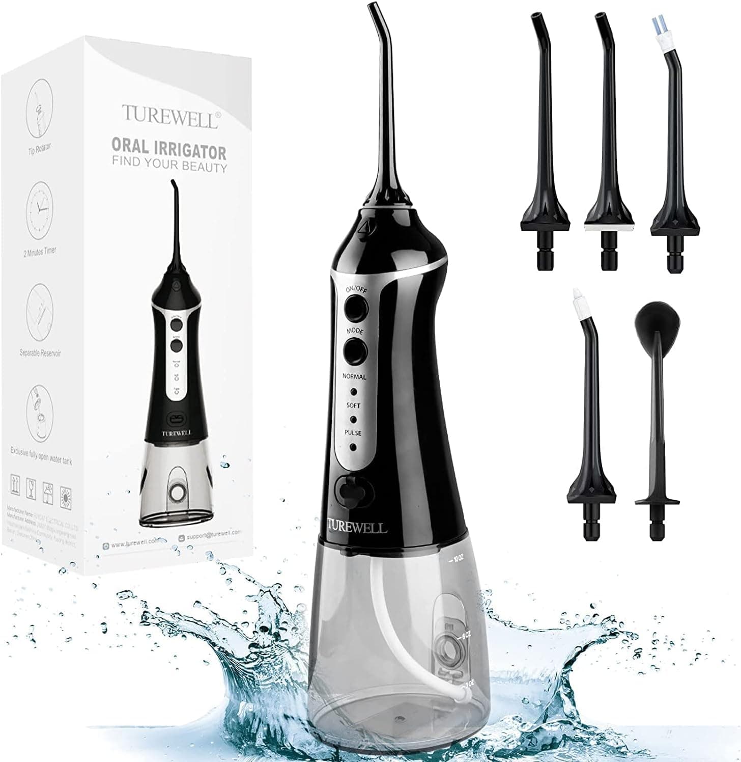 TUREWELL FC1591 Irrigador bucal profissional, 300 ml irrigador dentário portátil USB recarregável impermeável IPX7 e 3 modos com 5 boquilhas multifuncionais para família e viagens (preto)