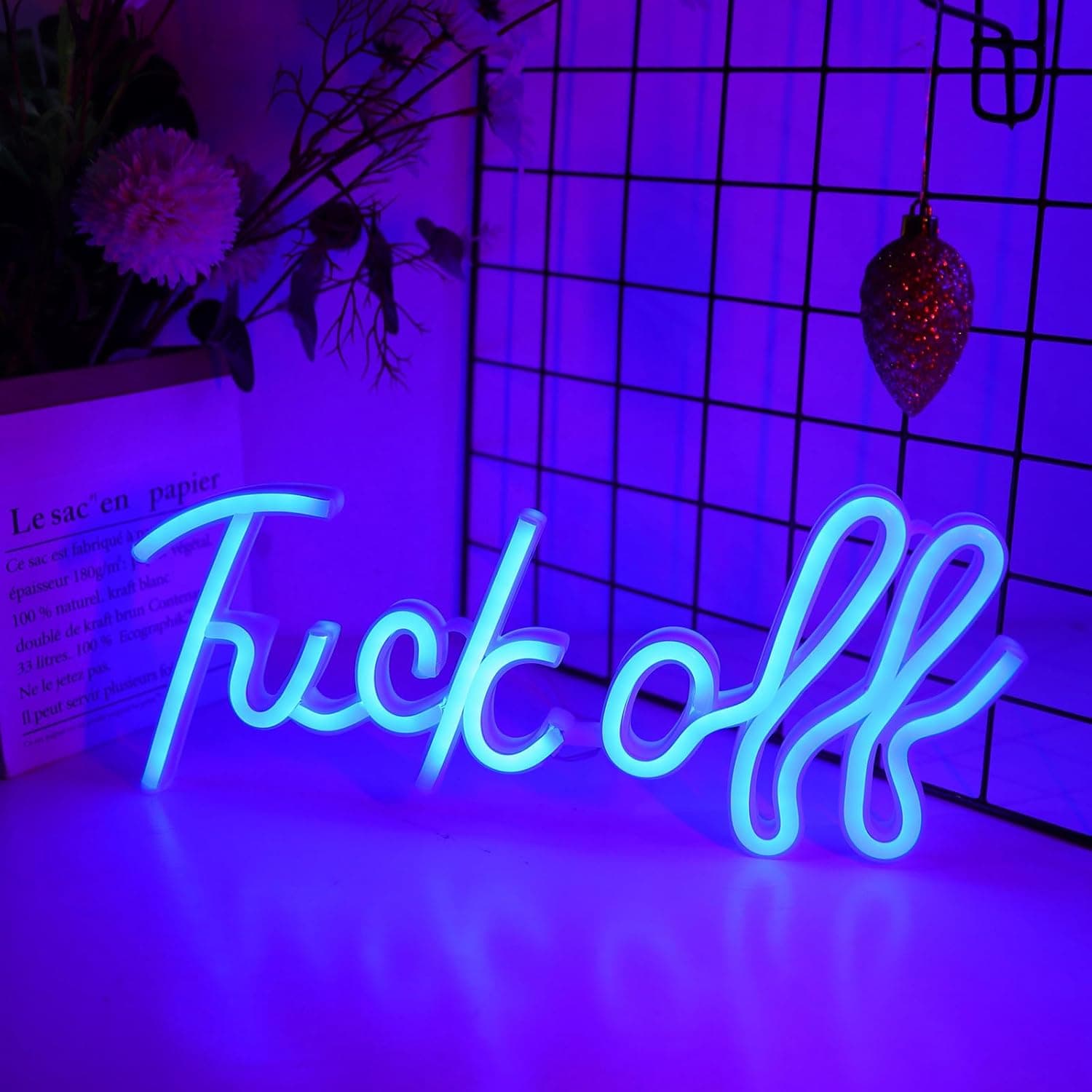 ENUOLI Cartaz de néon LED azul Fuck Off, candeeiro de noite alimentado por USB/bateria para pendurar na parede, para quarto, bar, casa, festa, caverna de homem