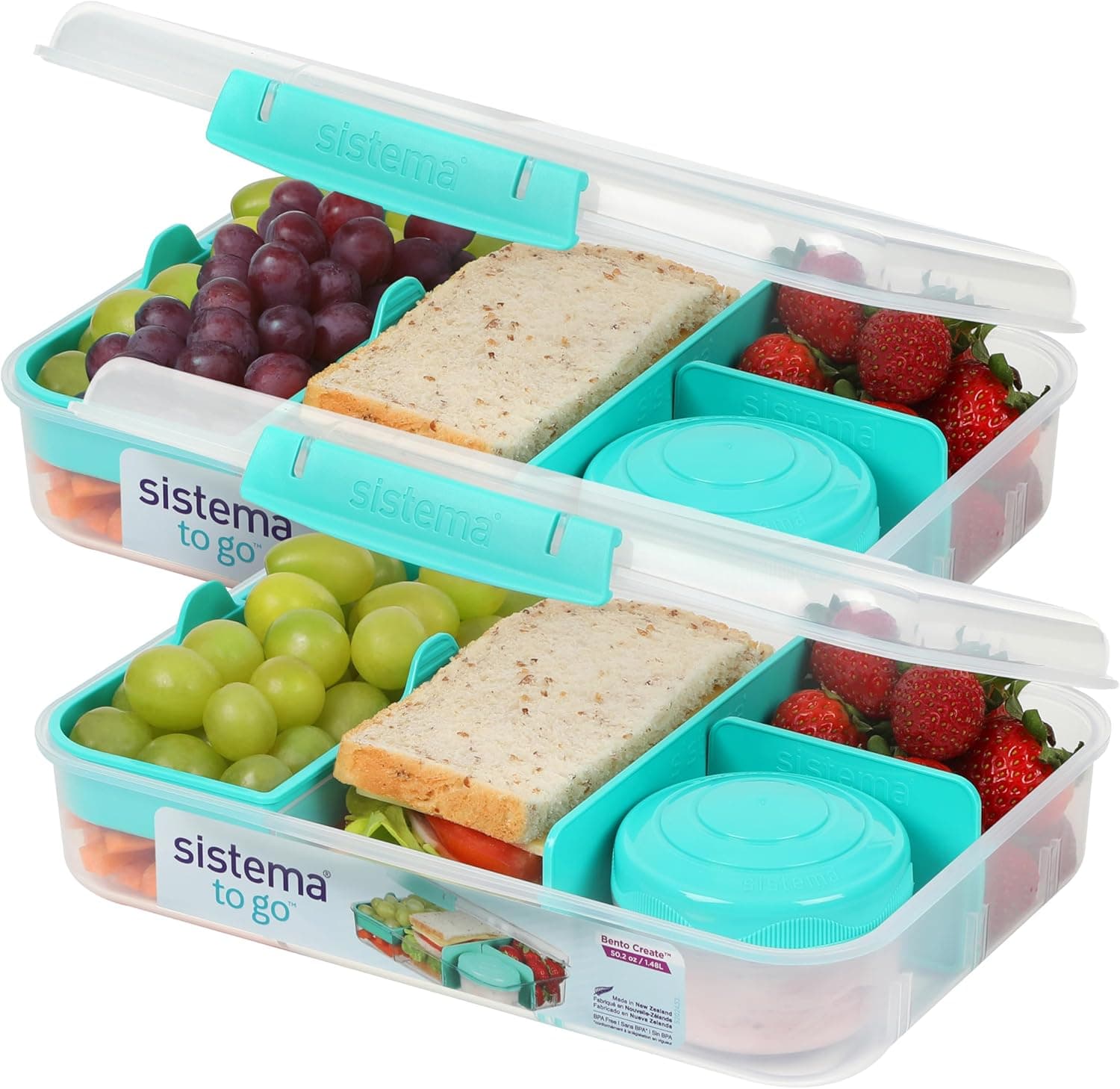 Sistema To Go Bento Box | Conjunto de 2 caixas de almoço com compartimentos e tampa, 1,48 L cada, cor verde menta
