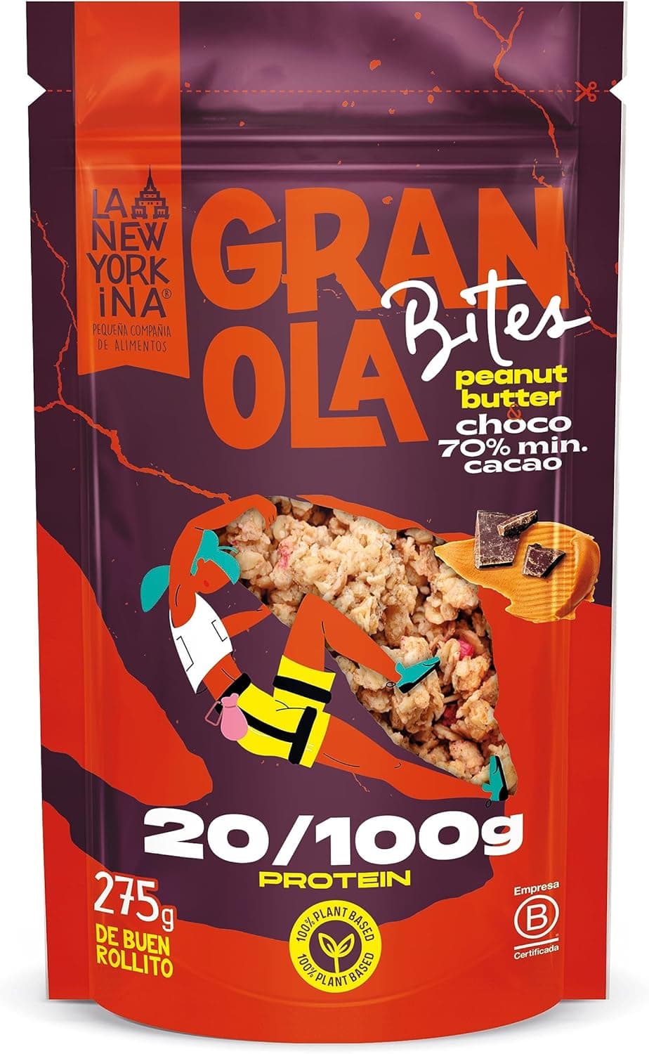 LA NEWYORKINA BITES Granola Peanut Butter chocolate com aveia e manteiga de amendoim. Com muito chocolate, quase 22% do recipiente é chocolate com um mínimo de 70% de cacau. 275 g