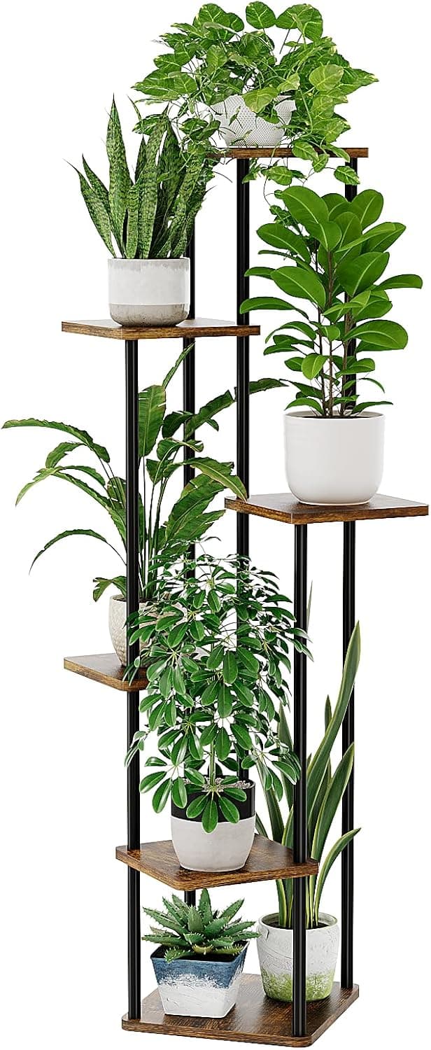 Bamworld Suporte de metal para plantas de interior para várias plantas suporte alto de canto escalonado para pátio, jardim, varanda, sala de estar, quarto (6 níveis)
