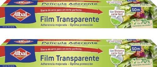 Albal Filme transparente auto-aderente - Papel película alimentar de corte fácil, papel de cozinha transparente extra largo para todos os tipos de recipientes, com 70% materiais reciclados, 50 m x 32, 2 embalagens