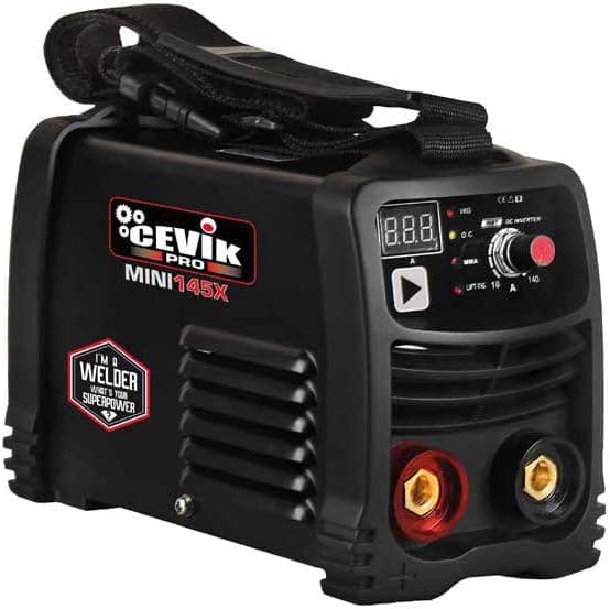 CEVIK PRO CE-MINI145X - Mini soldador inversor MMA máscara de soldagem e suporte de elétrodo - 140A 60% 230 V - elétrodos até 3,25 mm - Display digital - Conectável ao gerador - soldagem portátil