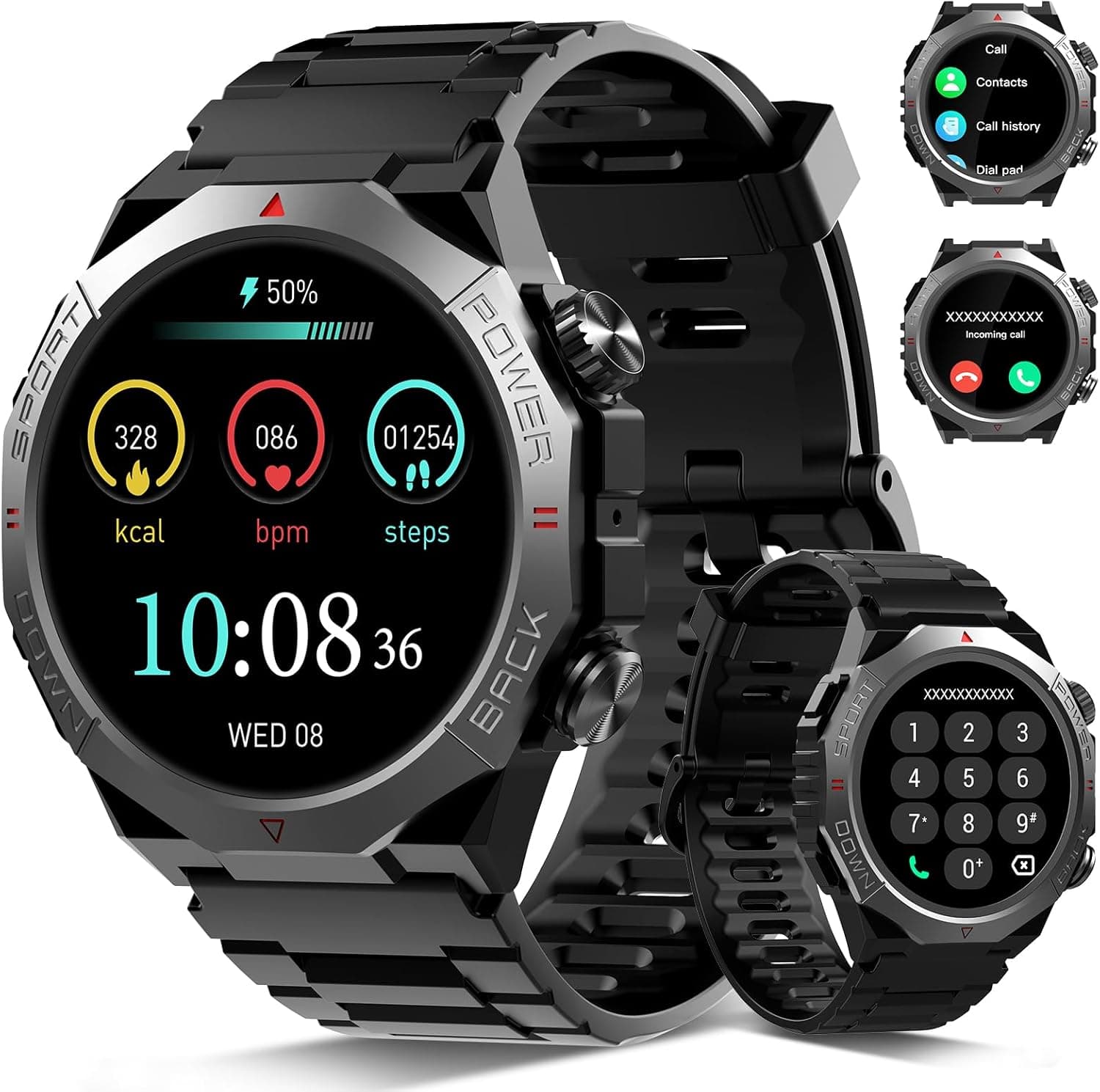 Qecnato Pro Negro Moderno | Smartwatch militar 1,39 polegadas com chamadas Bluetooth, resistente à água IP68 e 112 modos desportivos