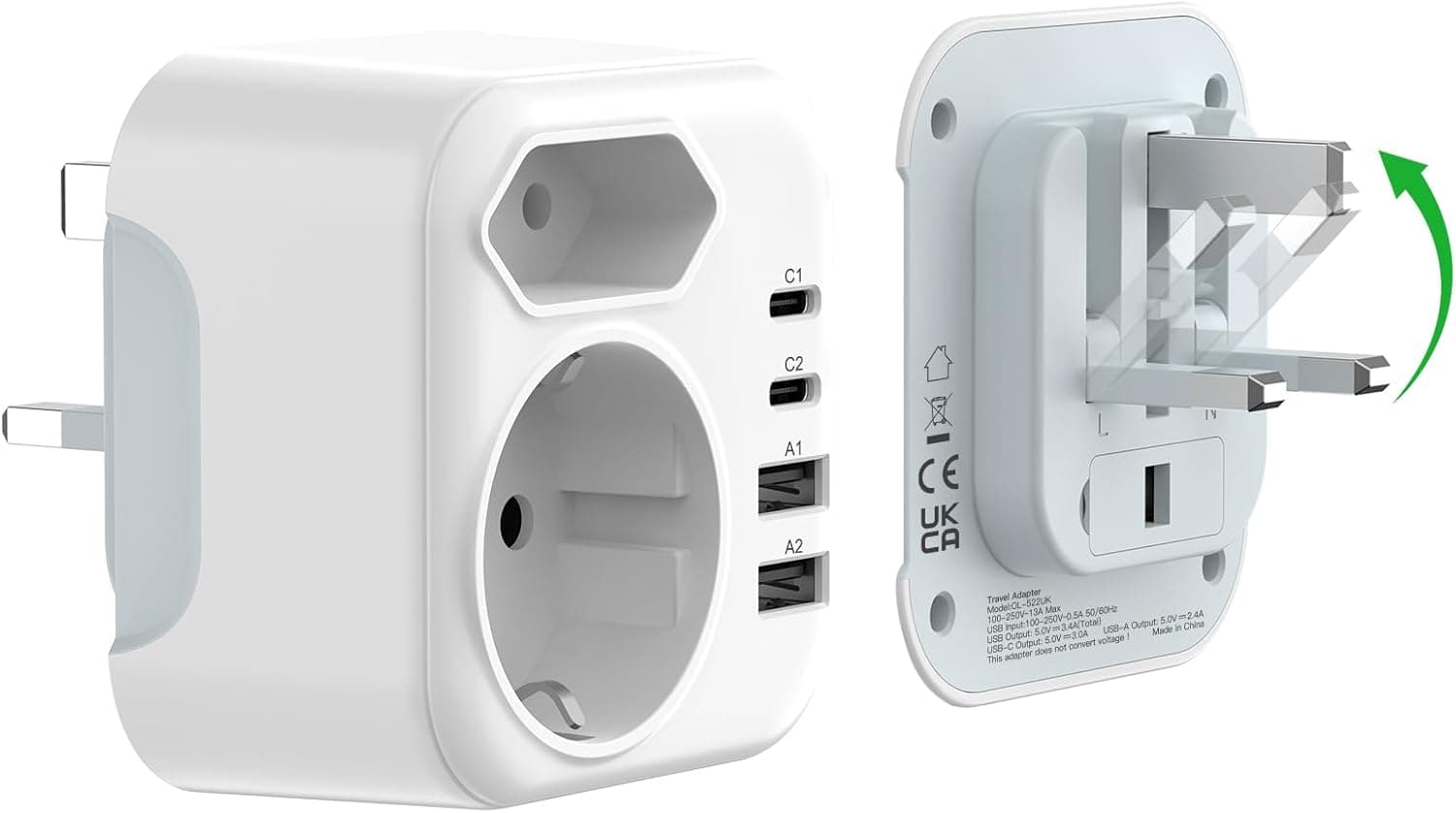 gonew21 Adaptador de tomada UK para espanhol tipo G, adaptador de viagem inglês com 2 USB A e 2 USB C, Europa a 3 pinos Reino Unido com segurança para crianças para a Irlanda Bretanha Maldivas Dubai