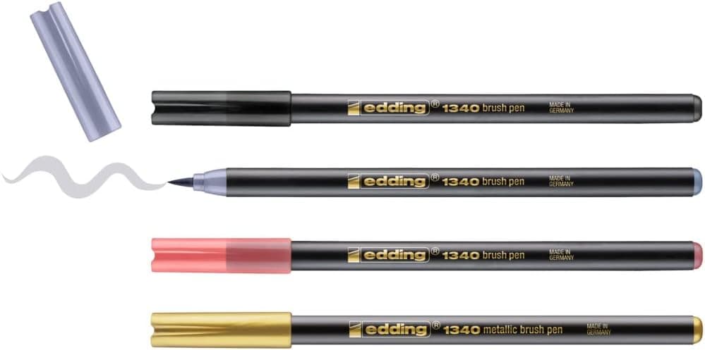edding 1340 conjunto de marcadores - 4 marcadores - ouro metálico, preto, cinzento, damasco - ponta de pincel flexível 1-6 mm - marcadores para escrever e desenhar - alta opacidade mesmo em papel