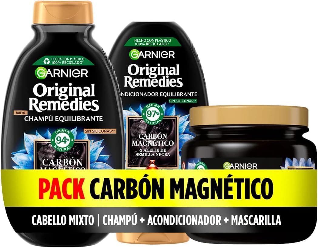 Garnier Original Remedies Pack champô condicionador máscara para raízes gordas e pontas secas, com carbono magnético, limpa, desembaraçada e nutre, para cabelo misto