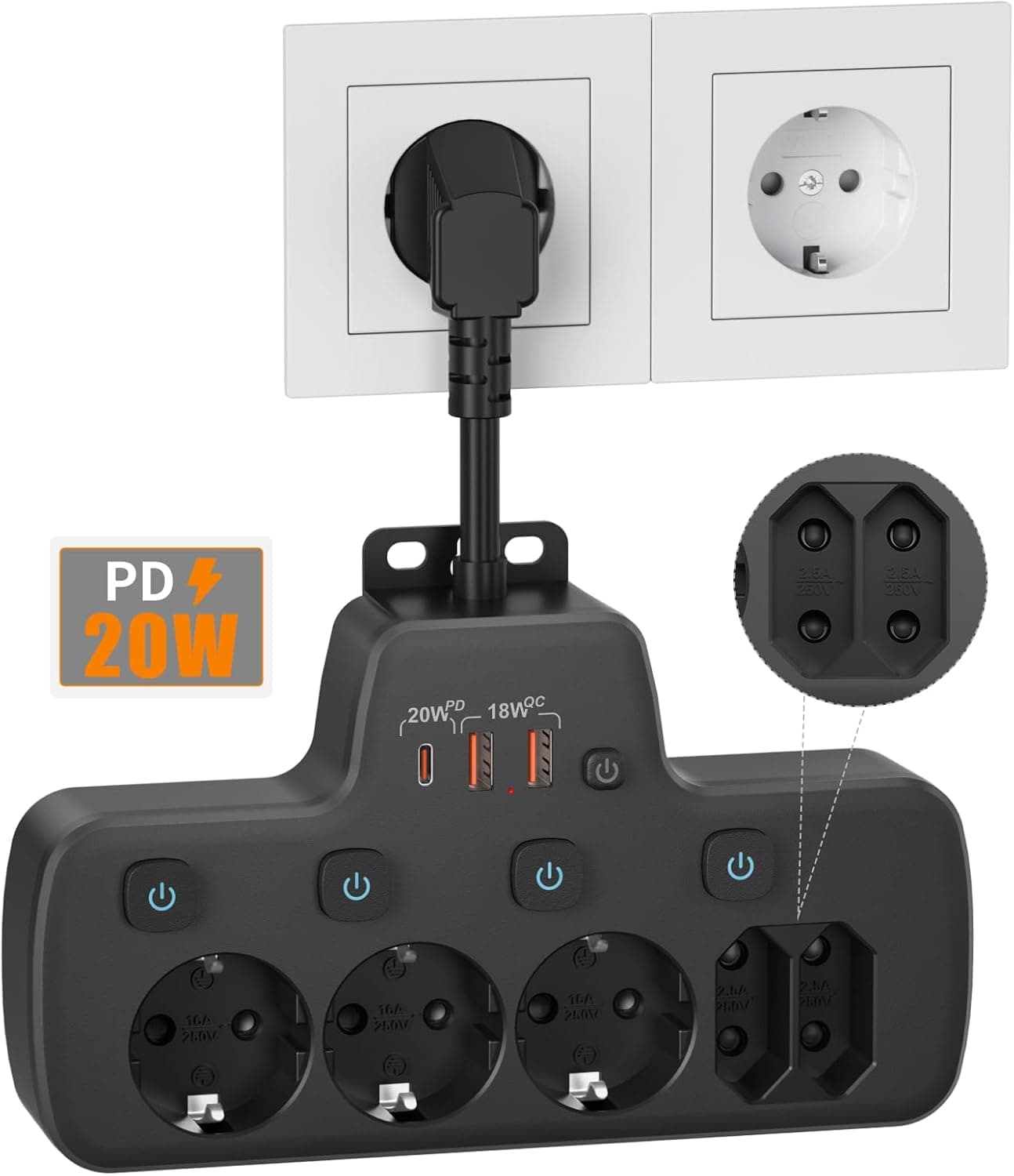 PD20W | Tomada múltipla com 5 entradas, carregamento rápido USB-C e proteção contra picos com interruptores individuais