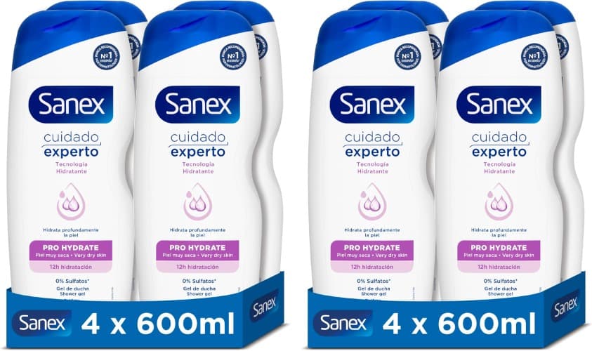 Sanex Cuidados especializados Pro Hydrate gel de banho, fórmula com prebiótico natural, hidratação profunda da pele, 12 H hidratação, 0% sulfatos, para pele muito seca, 8 x 600 ml