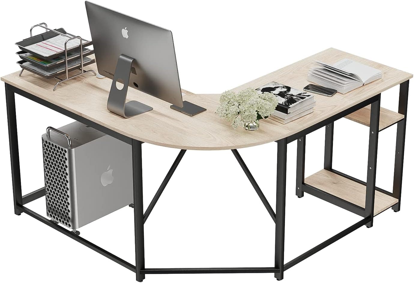 Himimi Secretária de computador (138 x 138 x 75 cm), grande mesa de escritório em forma de L, mesa de jogos para PC, mesa de canto com 2 prateleiras