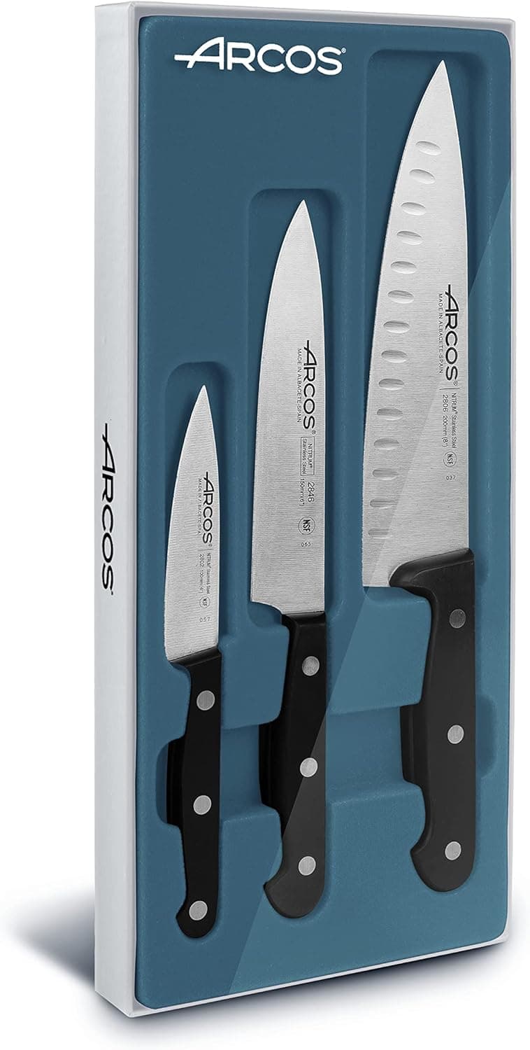Arcos Estojo de 3 facas básicas de cozinha. Pacote de facas com lâmina de aço inoxidável e cabo de poliéster adequados para máquina de lavar louça. Série universal. Cor preta