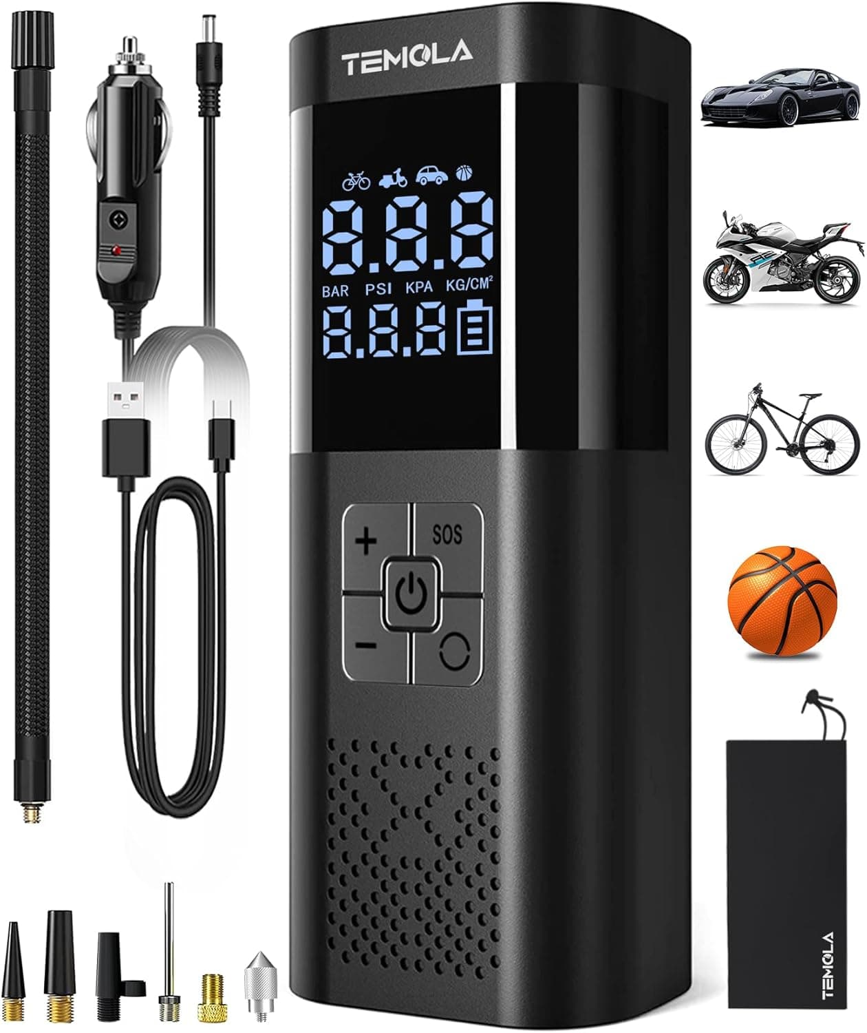 TEMOLA Compressor de ar carro, poderoso insuflador rodas carro com luz LED, mini compressor de ar portátil acessórios carro essenciais para homem com medidor de pressão para carro motocicleta