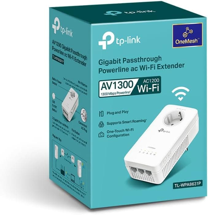 TP-Link TL-WPA8631P, leitor de Wi-Fi PLC, Powerline WiFi AC1200 em 2 GHz/5 GHz, 3 portas gigabit, tomada integrada, 2 x 2 MIMO, sincronização automática, plug & Plug Pay, 1 Peça