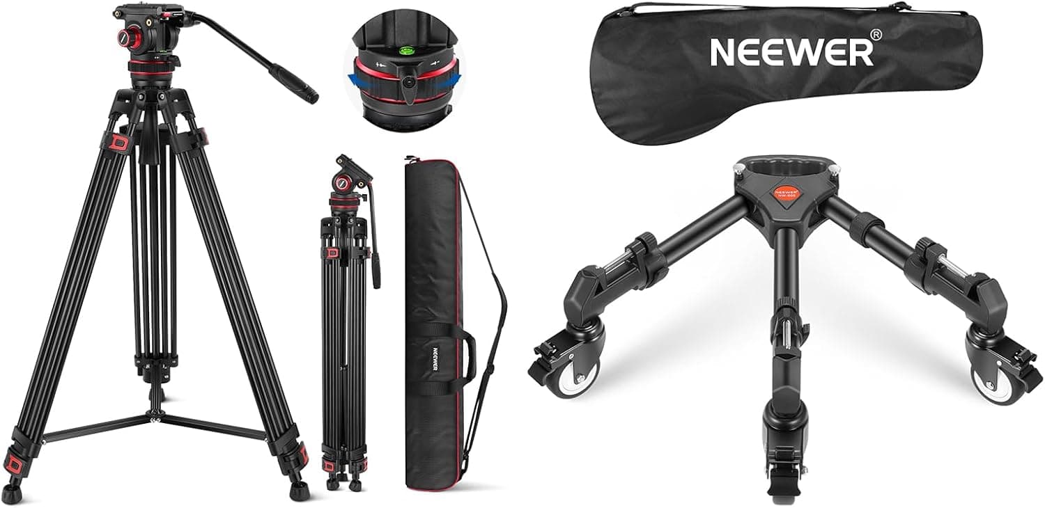 NEEWER 74" Tripé de vídeo com amortecimento ajustável, placa QR de modo duplo metal resistente e tripé fotografia Dolly, serviço pesado com rodas de borracha 7,62 cm, suporte ajustável para pés