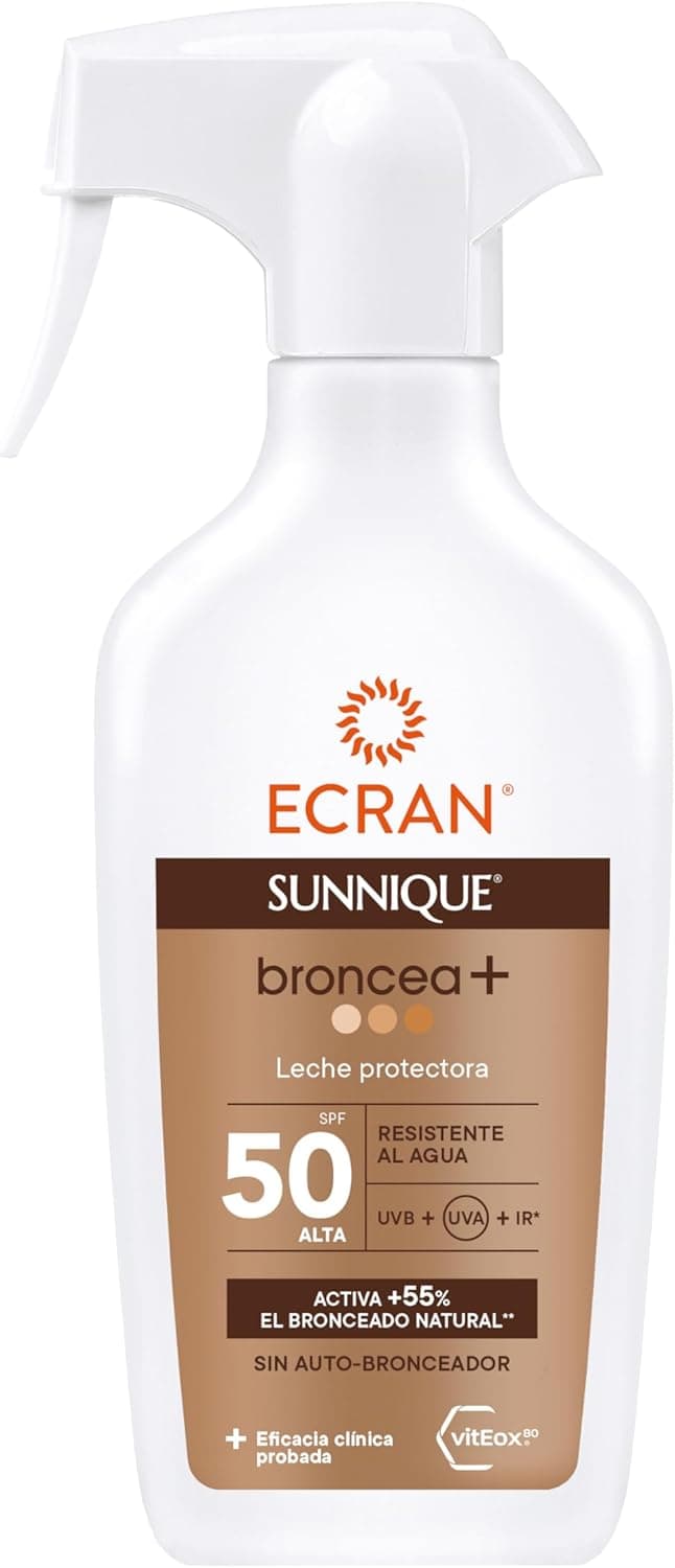 Ecran Sunnique Leite protetor solar em bronze SPF 50 em spray proteção alta UVB UVA e IR-A ativa o bronzeamento natural, sem autobronzeador, com tecnologia PureBronze, resistente à água - 270 ml