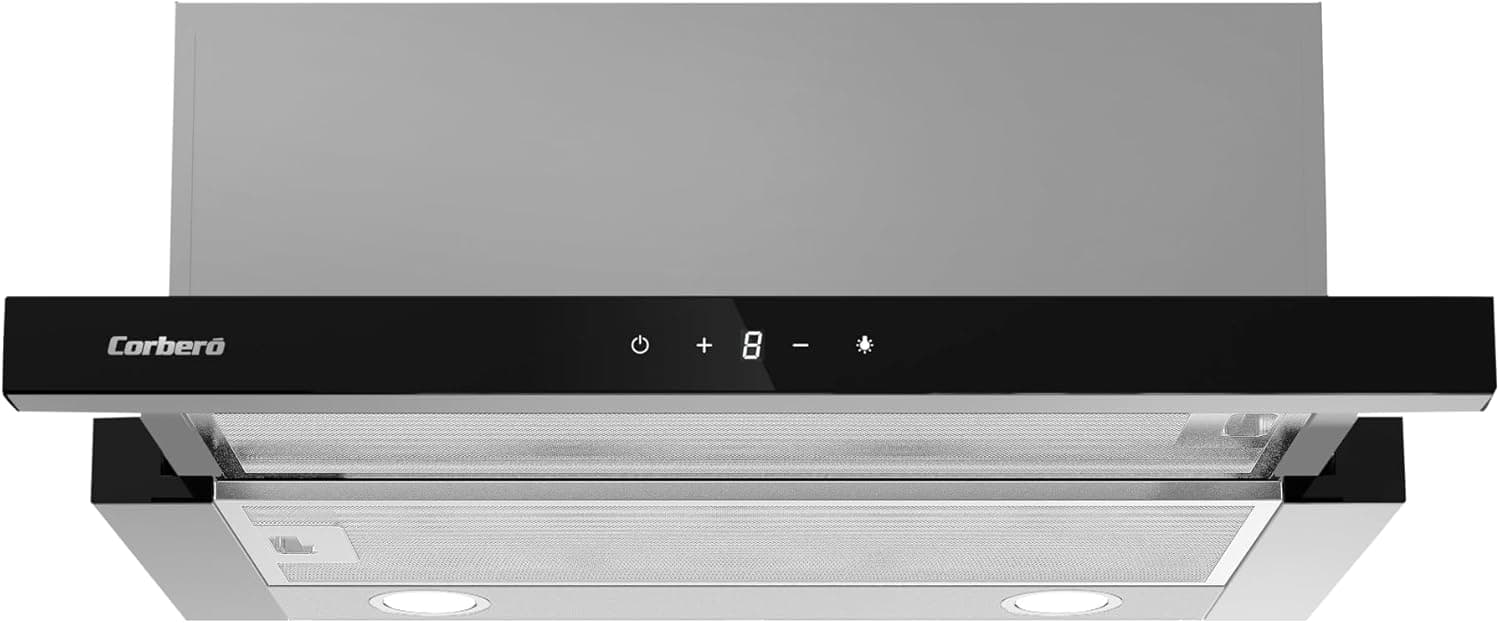Corberó Extrator telescópico 90 cm, ANETO960X, fluxo de 600 m3/h, potência de 165 W | 3 velocidades, filtro de alumínio de 3 camadas, filtro de carbono, eficiência energética A, inoxidável e preto [Classe energética A]