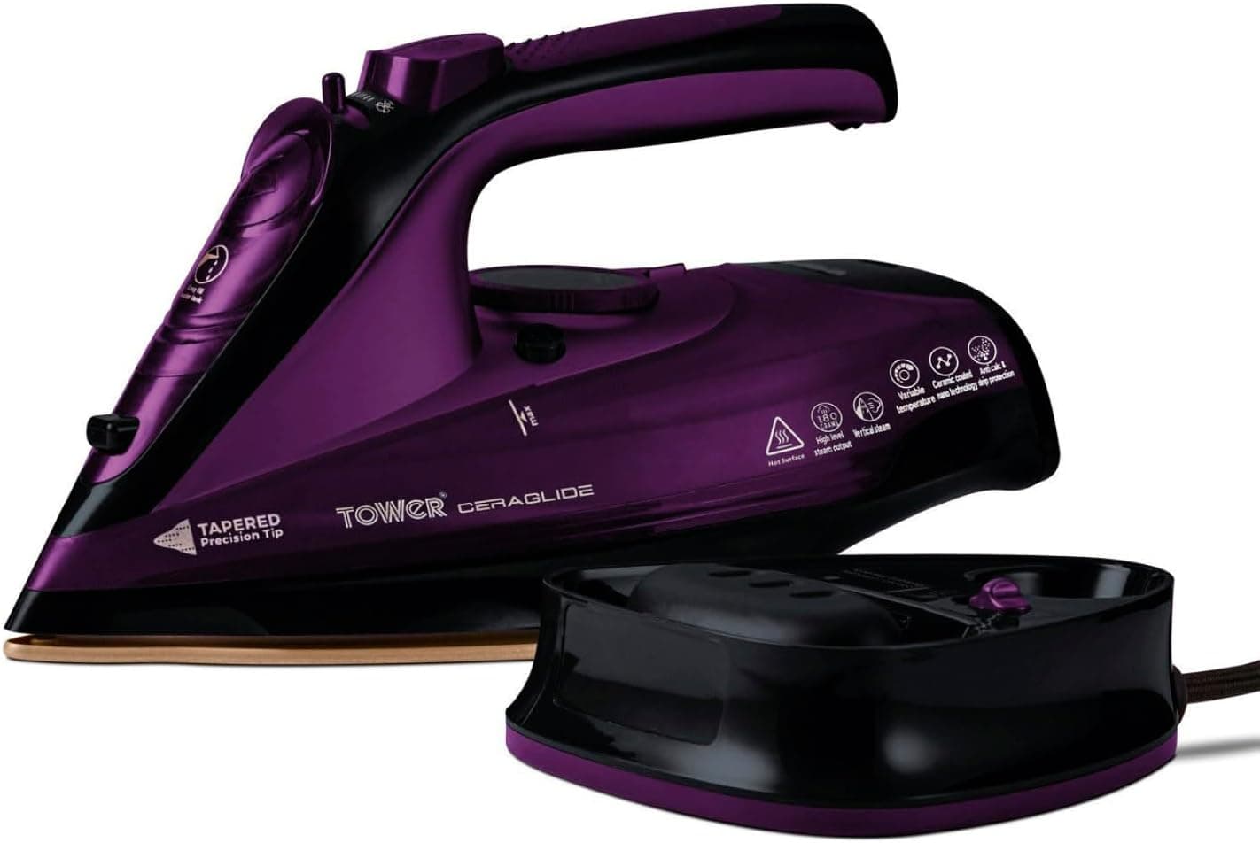 Tower T22008 Ferro sem cabo: Ferro de roupa sem fio com sola de cerâmica ceraglide e função de vapor variável: Ferro sem fio de roupa, 2400 W, roxo