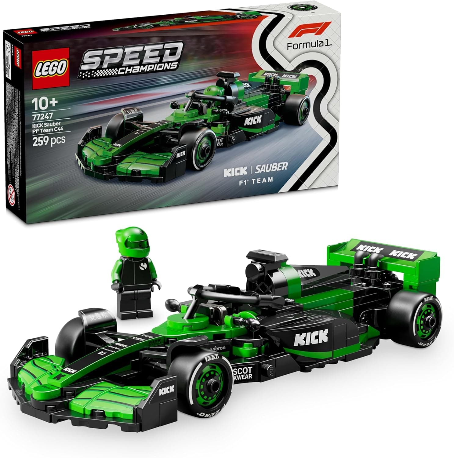 LEGO Speed Champions Carro de corridas Kick Sauber F1 Team C44 veículo de fórmula 1 de brinquedo, casaco com 1 mini figura de piloto colecionável, presente para meninos e meninas de 10 anos ou mais