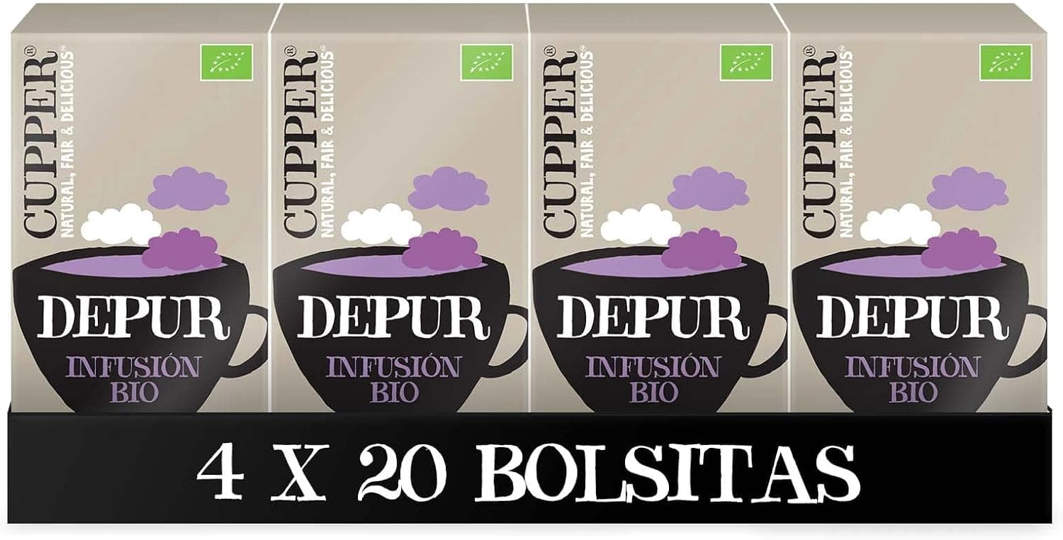CUPPER - Sacos de infusão ecológica Depur - Propriedades depuradoras e diuréticas - Contém bisco, urtiga e raiz de alcaçuz - adequado para vegano, 20 unidades (embalagem de 4)
