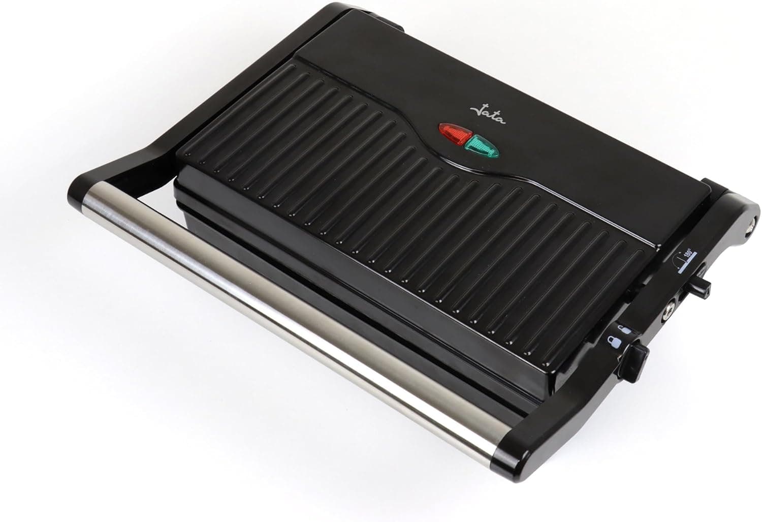 JATA JEGR1107 Grelha elétrica e grelhador com placas riscadas antiaderentes de 22,8 x 14,5 cm. Cozinha todos os tipos de alimentos. Tampa superior basculante. Abertura 180º. 1000 W