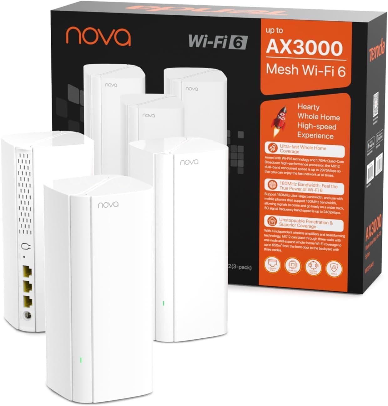 Tenda Nova Mesh MX12 (3 pacotes) - WiFi Mesh AX3000, leitor Wi-Fi 6 de banda dupla 2,4 GHz/5 GHz, roteador Wi-Fi para toda a casa, 3X portas Gigabit, funciona com Alexa, controlo Plástico arental,