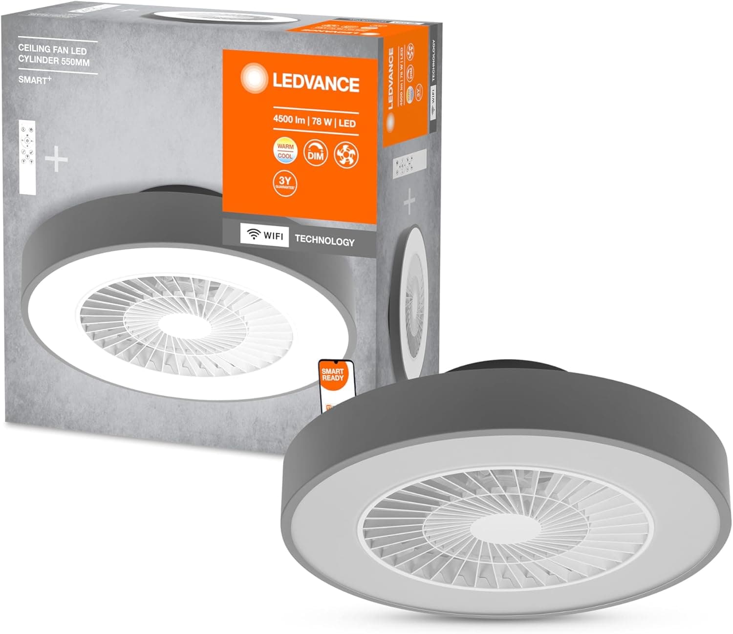 LEDVANCE Candeeiro Smart WiFi para ventilador de teto, em forma de cilindro, cinzento, regulável, velocidade de ar ajustável, controlo remoto incluído, controlável por app e assistente de voz